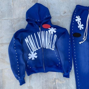 Nouveau survêtement élégant en velours pour homme, 100% coton, logo personnalisé, pantalon de survêtement vintage imprimé à capuche, ensemble 2 pièces, hiver - Product Image 2
