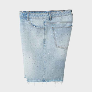 Media rodilla holgada pierna recta Vintage desgastado personalizado 100% algodón Sun Faded Jeans Shorts All Over Rhinestone Denim Shorts hombres - Product Image 5