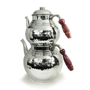 Ensemble de théière, bouilloire et réchaud turc en cuivre martelé à la main, couleur nickel - Product Image 2