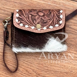 Monedero pequeño de cuero mecanizado a mano de calidad Premium, monedero occidental para pelo en cuero de vaca, Mini billetera multiusos para mujer - Product Image 1