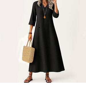 Vestido Maxi negro con cuello en V para mujer, corte holgado, dobladillo fluido, manga 3/4, ropa informal diaria, ropa cómoda de verano - Product Image 1
