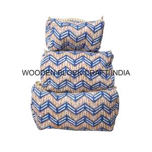 Quilted Hand Block Printed Indian Bohemian Eco-Friendly Zipper <b>Small</b> Makeup <b>Bag</b> for Wash Pouch 3 Pieces Cosmetic Organizer - Product Image 1