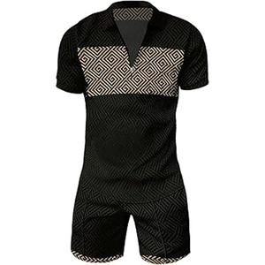 Conjunto de camisa y pantalones cortos de manga corta con cuello en contraste de moda de diseñador para hombre para verano Street Look - Product Image 2