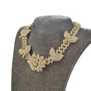 Cadena cubana chapada en oro de 18k de primera calidad, diseño de rosa con diamantes de imitación, collar de hip hop para hombres y mujeres al por mayor - Product Image 3