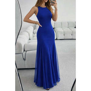 Women's Strappy Crew Neck Asymmetrical Flared Long Imported Crepe <b>Dress</b> with <b>Tulle</b> Hem Detail, 34799 - Saks <b>Blue</b> - Product Image 1