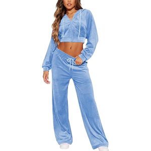 Conjunto Deportivo de Mujer, Sudadera Corta con Capucha de Color Sólido, Pantalones Largos Holgados, Estilo Casual de Otoño, 100% Poliéster Velour - Product Image 1