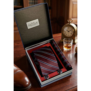Burgundy <b>Navy</b> White Striped Jacquard Woven <b>Tie</b> Pocket Square Cufflink Set in Gift Box - Product Image 1