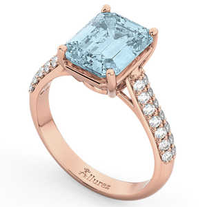 Bague de fiançailles en or rose 14 carats avec aquamarine taille émeraude et diamants, 5,54 carats, forme marquise, bijoux fins, plaqué rhodium platine - Product Image 2