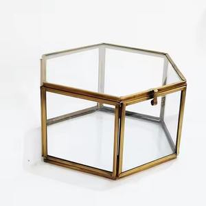 Handmade Gold-Finished Hexagon Shape Ring <b>Box</b> <b>Clear</b> Glass <b>with</b> Brass Border Jewelry Makeup Storage <b>Lid</b> - Product Image 1