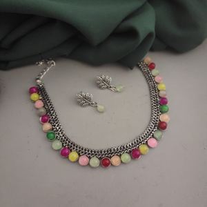 Direct From Indian Supplier Best Selling High-Grade 2-Piece Set Oxidised <b>Beads</b> <b>Choker</b> <b>Necklace</b> and Geometric Stud Earrings - Product Image 4