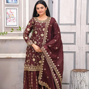 New Designer Heavy Pure Chinon Silk Long Pakistani Suit for Parties Featuring Fancy Style <b>Top</b> Sharara and Dupptta - Product Image 1