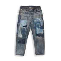 Celana Jeans Denim Selvedge Jepang Desain Terbaru Berkualitas Tinggi Vintage Heavy Wash Distressed Patches untuk Pria