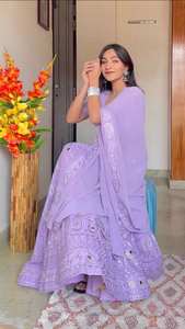 Designer indien Faux Georgette Sequin Broderie Travail Lehenga Choli Dupatta Readymade Bollywood Party Wear Outfit pour adultes - Product Image 3