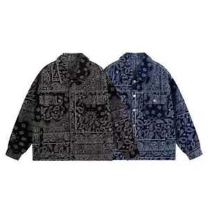 Vintage Paisley Denim <b>Jacket</b> for <b>Men</b> Autumn Casual Streetwear Zipper Cotton Stylish Outerwear - Product Image 2