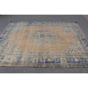 Alfombra grande vintage de 6.6x8.8 pies, alfombra de lana turca azul con lunares - Product Image 2