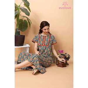 ชุดนอนแม็กซี่ผ้าฝ้ายพิมพ์ลายสำหรับผู้หญิง Evolove สวมใส่สบายเป็นพิเศษ ไซส์ XL ปิดเอวยางยืด สีเขียวขวด ผ้าทอ - Product Image 5