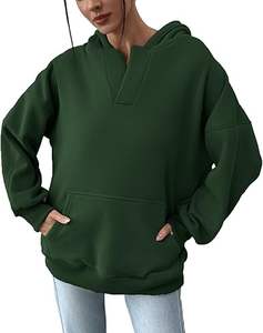 Women's Classic Style Casual Sweatshirt Fleece <b>Lined</b> V-Neck Oversized Hoodie with Front Logo Streetwear Long Length with Pocket - Product Image 4