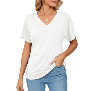 Venta al por mayor de las mujeres de cuello en V profundo liso camisetas señoras de alta calidad 100% algodón transpirable cuello en V camisetas para la impresión - Product Image 3