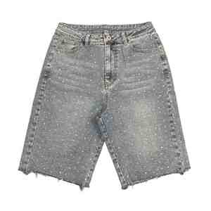 Pantalones cortos de verano para hombre, vaqueros negros lavados con adornos de cristal gris, 100% algodón, tiro medio, dobladillo deshilachado, bermudas de mezclilla. - Product Image 1
