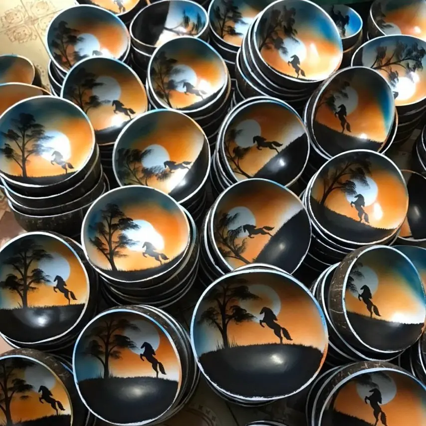 가정 장식을위한 손으로 그린 옻칠 코코넛 껍질 그릇