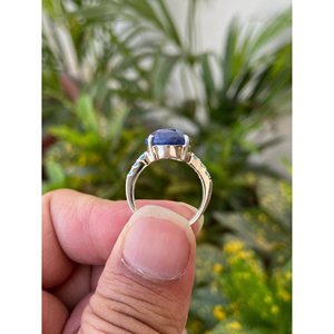 925 <b>Silver</b> Natural Blue Sapphire Statement <b>Ring</b> <b>Boho</b> Style Engagement Fine Jewelry with Oval Cut Topaz and Oyster Cut Diamond - Product Image 4