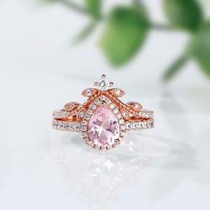 Ensemble de bagues de mariage Jeulia Halo en argent sterling avec morganite synthétique taille poire - Product Image 6