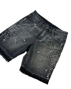 Premium <b>Men's</b> Denim Shorts 100% Cotton Solid Pattern Customised Logo with Embroidery Distress Rhinestones Chenille Patchwork - Product Image 1