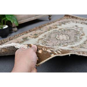 พรมตุรกีสีน้ำตาลเบจแบบวินเทจทำด้วยมือทรงสี่เหลี่ยมผืนผ้าดีไซน์แบบเย็บปะ4'1x7'2ฟุตสำหรับวัยรุ่นที่อาศัยอยู่ผ้าขนสัตว์ยางโพลีเอสเตอร์ - Product Image 4