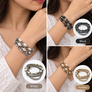 Women's <b>Silver</b> Plated Imitation Pearl <b>Beaded</b> <b>Bracelet</b> Set Classic Multi Strand Stacking Bangles Party Jewelry - Product Image 2