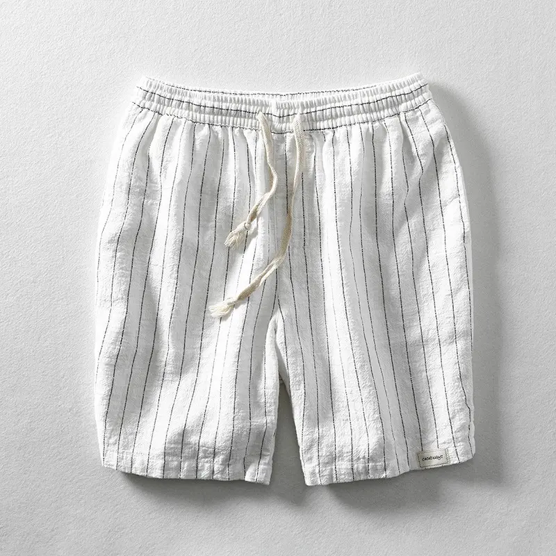 Celana pendek Linen pria, grosir nyaman musim panas katun celana pendek tidur dengan tali serut bergaris liburan pantai celana pendek tipis