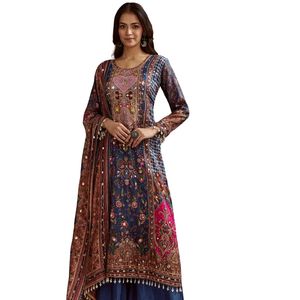 Abito in Kurta Palazzo con paillettes stampato blu con stampa floreale Dupatta all'ingrosso donna abbigliamento etnico OEM fabbrica di abbigliamento - Product Image 4