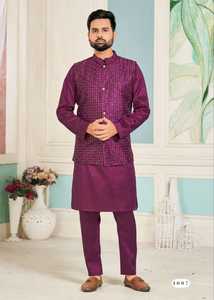 Purple Men's Black Kurta Koti Full Set \ Buy Kurta for Festival \ Black Kurta Set con Mirror Work Koti - Product Image 5