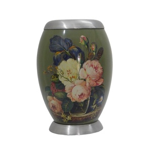 Urnes funéraires en aluminium de haute qualité avec autocollant de fleur et urnes funéraires en métal fini de couleur vert olive pour cendres humaines - Product Image 1