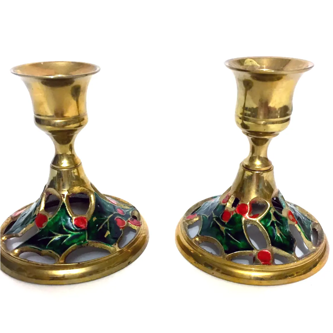 Juego de 2 candelabros de latón más vendidos con acabado de esmalte rojo y verde, candelabro de latón de diseño único hecho a mano