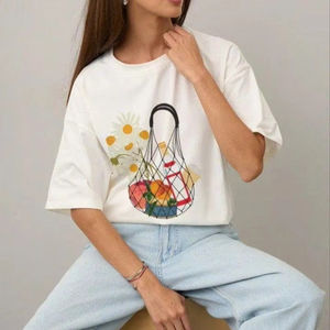 Camiseta Gráfica Minimalista de Estilo de Vida, Corte Holgado, Algodón Suave, Estilo Urbano, Estampado Moderno, Uso Diario, Prenda Esencial de Moda - Product Image 2