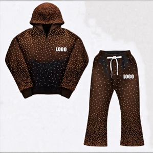 Pantalones de chándal con capucha y lavado ácido de gran tamaño personalizados para hombre, chándal con estampado Digital transpirable con diseño de llamarada y diamantes de imitación - Product Image 1