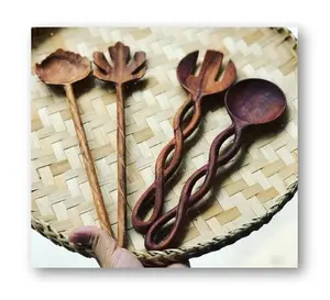 Colher Com Flor e Folhas Handcarving Handle-Colher De Servir De Madeira-Decoração De Alimentos-Artesanato De Colher De Madeira