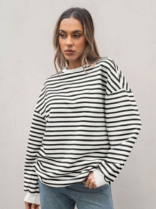2025 nueva sudadera de gran tamaño para mujer, Sudadera con capucha de manga larga a rayas con cuello redondo bordado para el verano - Product Image 3
