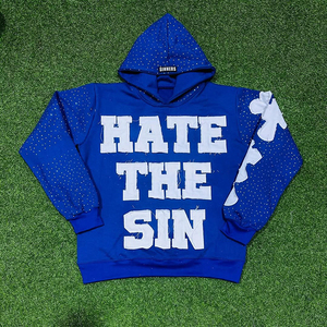 Sudadera con capucha personalizada con logotipo personalizado y bordado desgastado para hombre, precio de venta completo, ropa de moda de alta calidad, sudaderas con capucha de diamantes de imitación para hombre - Product Image 2