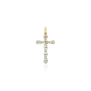 Calidad Premium March Birthstone Oval Cut Aquamarine Cross Pendant 14K Solid Yellow Gold Venta caliente Faith Religious Jewelry - Product Image 1