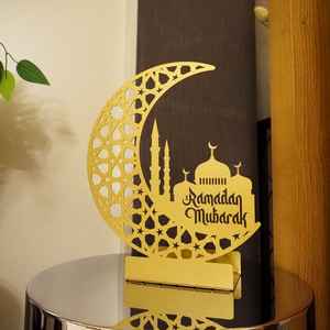 Gold <b>Mirror</b> <b>Acrylic</b> Crescent Moon Allah Calligraphy Ramadan Tabletop Decoration For Eid Mubarak Home Office Desk Ornament Unique - Product Image 6