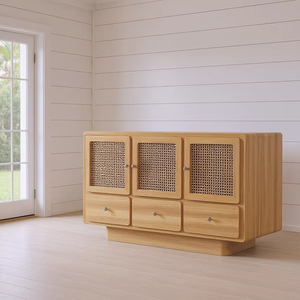 Armoire en bois de teck au design moderne du milieu du siècle avec accent en rotin Meubles de haute qualité pour salon et cuisine dans la maison d'appartement - Product Image 1