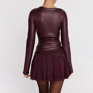 النساء الشتاء عارضة طويلة الأكمام قمم بو الجلود مطوي - Product Image 4