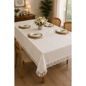 Nappe 100% coton beige avec bords en dentelle, textile de maison écologique à motif uni - Product Image 1