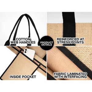 Custom Eco-Friendly Jute Tote <b>Bag</b> Black PVC Handles 14 X 16 X 4 Inches Durable Medium for Daily Use Food Advertising <b>Long</b> Letter - Product Image 2