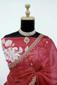 Sari de seda de diseñador indio de Bollywood para mujer con la última blusa Hermoso trabajo pesado étnico y Sari de trabajo de secuencia de color rojo - Product Image 2