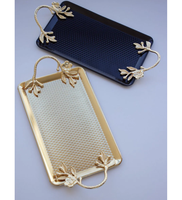 Bandejas de Metal modernas de gran venta con mango de hoja, acabados dorados y azules, decoración ecológica para boda Diwali, mesa de comedor, bandeja para servir