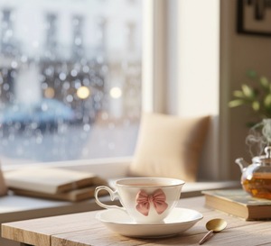 Taza de Té de Porcelana Romántica con Lazo Rosa, Colección Reliquia: Juego de Té con Lazo Rosa y Ribete Dorado - Product Image 4