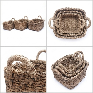 Natural Banana Bark Storage <b>Basket</b> Set Chunky Cross Knot Braid <b>Rectangular</b> Bin Arch Handle Tray Pure Art Setup Room Decor Crafts - Product Image 3