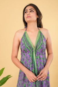 เดรสแมกซี่เดรสผ้าไหมคอวีชายหาดทำด้วยมือพิมพ์ลายดอกไม้ชุดเดรสยาวโบฮีเมียนลำลองผูกคอ - Product Image 2